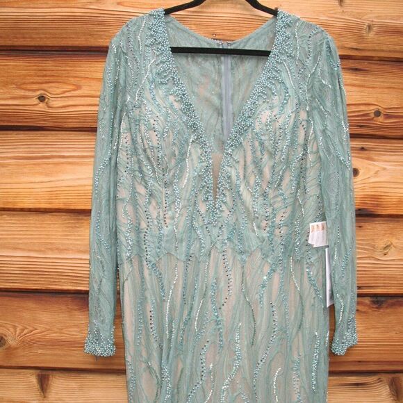 Mac Duggal 79291 Womens Green BEADED ILLUSION LONG SLEEVE PLUNGE NECK GOWN - Picture 9 of 16